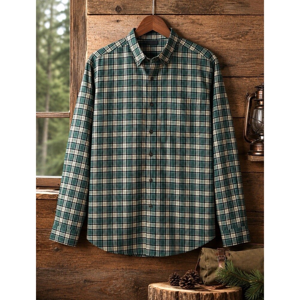 L.L. Bean Traditional Fit Mens Plaid Shirt Green Navy White Cotton Outdoor Shirt